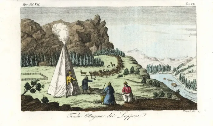Framed Print : Sami people (Lapps) in an octagonal tent with Framed Print : Sami people (Lapps) in an octagonal tent with