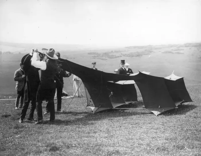 Framed Print : Samuel Cody adjusts his kite Framed Print : Samuel Cody adjusts his kite