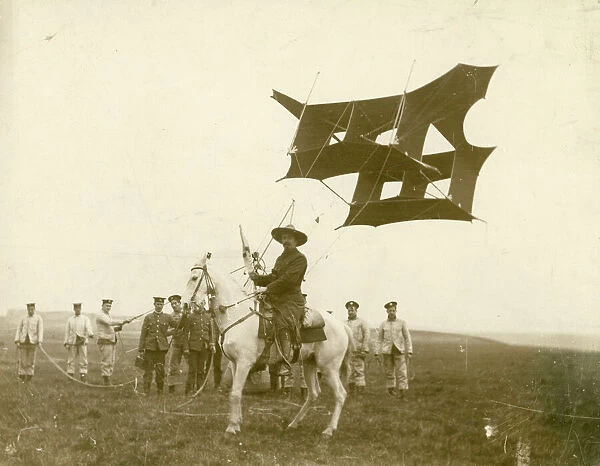 Samuel Cody on horseback with one of his man-lifting kite