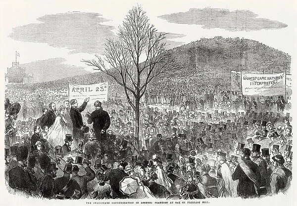 Samuel Phelps planting the young oak tree at the foot of Primrose Hill, London, to honour the English poet, William Shakespeare. Date: 23rd April 1864