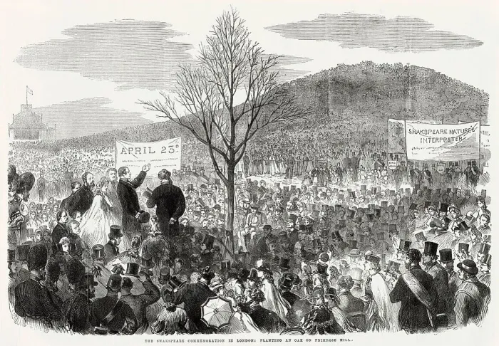 Framed Print : Samuel Phelps planting the young oak tree at the foot of Primrose Hill, London, to honour the English poet, William Shakespeare. Date: 23rd April 1864