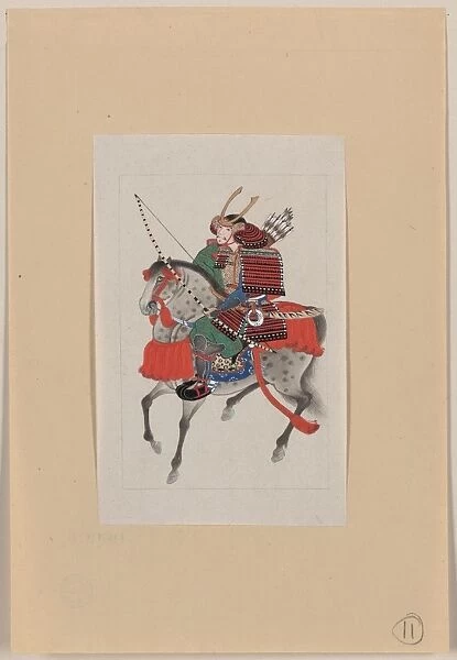 Samurai on horseback, wearing armor and horned helmet, carry