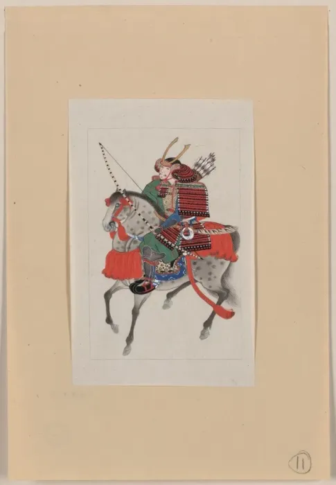 Framed Print : Samurai on horseback, wearing armor and horned helmet, carry Framed Print : Samurai on horseback, wearing armor and horned helmet, carry