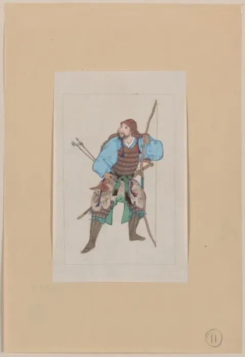 Framed Print : Samurai, standing, facing left, wearing armor and holding a Framed Print : Samurai, standing, facing left, wearing armor and holding a