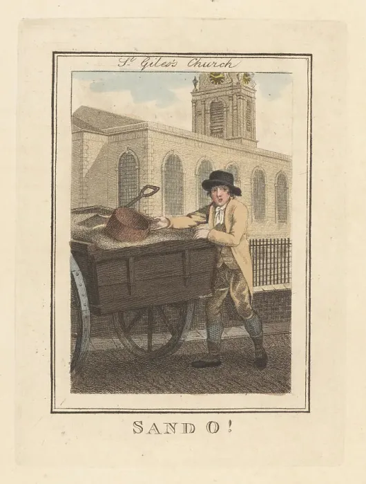 Framed Print : Sand seller in front of St Giles Church, London, 1805 Framed Print : Sand seller in front of St Giles Church, London, 1805