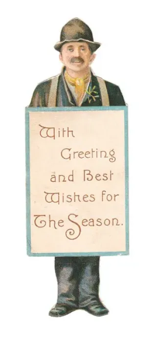 Framed Print : Sandwich board man on a Victorian Christmas card Framed Print : Sandwich board man on a Victorian Christmas card