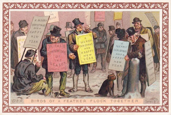 Framed Print : Sandwich board men on a Christmas and New Year card Framed Print : Sandwich board men on a Christmas and New Year card