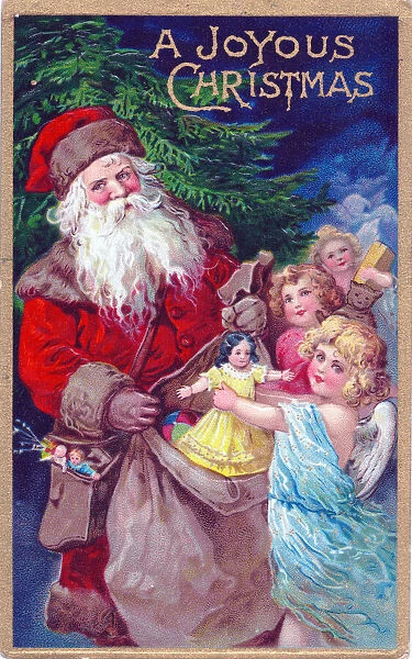 Santa Claus with angel and children on a Christmas postcard