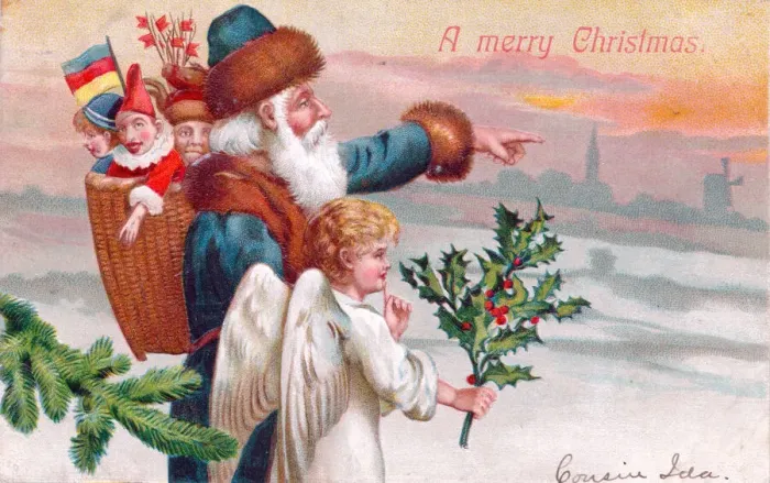 Framed Print : Santa Claus with an angel on a Christmas postcard Framed Print : Santa Claus with an angel on a Christmas postcard