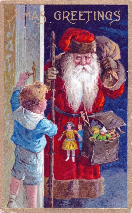 Framed Print : Santa Claus arriving with gifts on a Christmas postcard Framed Print : Santa Claus arriving with gifts on a Christmas postcard