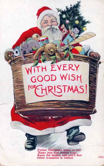 Framed Print : Santa Claus with basket of presents on a Christmas postcard Framed Print : Santa Claus with basket of presents on a Christmas postcard