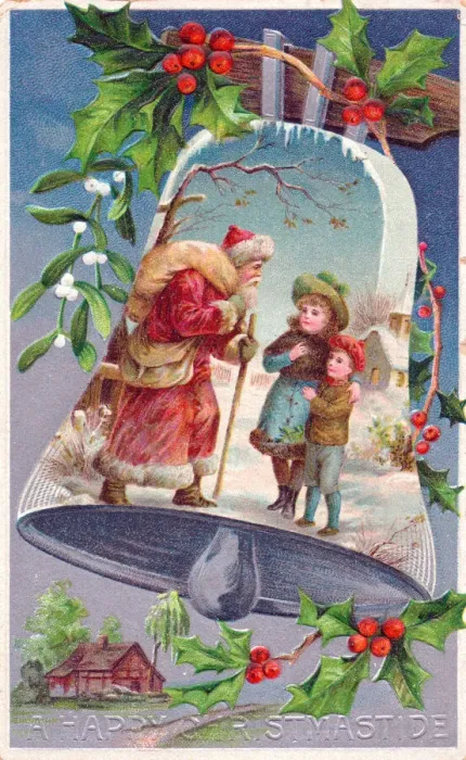 Framed Print : Santa Claus on a bell on a Christmas postcard Framed Print : Santa Claus on a bell on a Christmas postcard