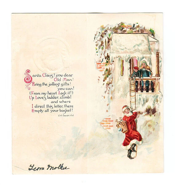 Santa Claus bringing presents on a Christmas card
