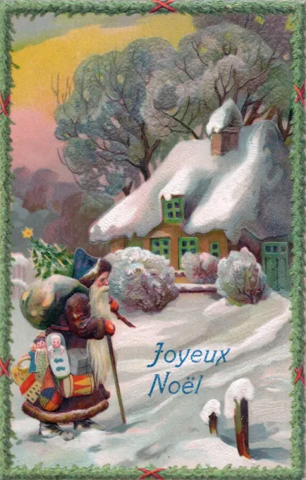 Framed Print : Santa Claus bringing presents on a French Christmas postcard Framed Print : Santa Claus bringing presents on a French Christmas postcard