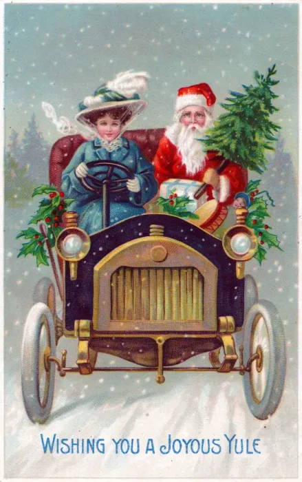 Framed Print : Santa Claus in a car on a Christmas postcard Framed Print : Santa Claus in a car on a Christmas postcard