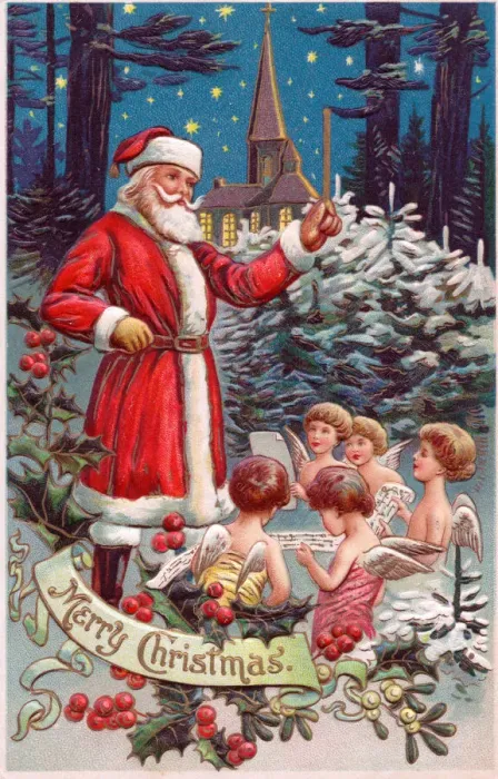 Framed Print : Santa Claus with cherubs on a Christmas postcard Framed Print : Santa Claus with cherubs on a Christmas postcard