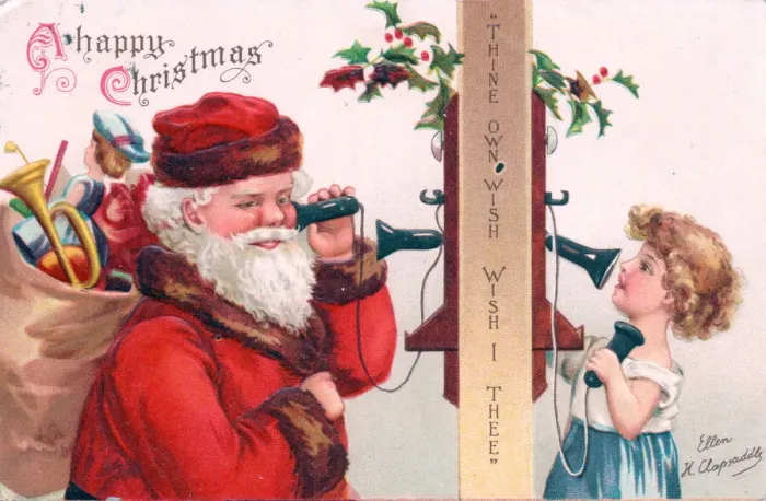 Framed Print : Santa Claus with child and presents on a Christmas postcard Framed Print : Santa Claus with child and presents on a Christmas postcard