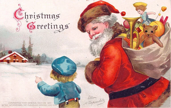 Santa Claus with child and presents on a Christmas postcard