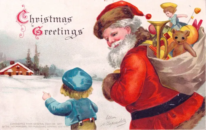 Framed Print : Santa Claus with child and presents on a Christmas postcard Framed Print : Santa Claus with child and presents on a Christmas postcard