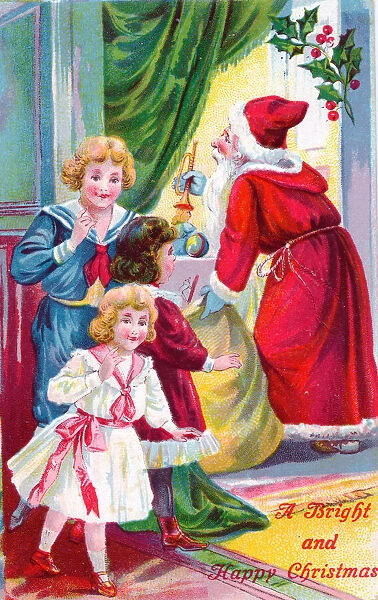 Santa Claus with three children on a Christmas postcard