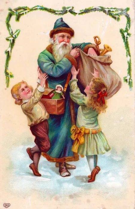 Framed Print : Santa Claus with two children on a Christmas postcard Framed Print : Santa Claus with two children on a Christmas postcard