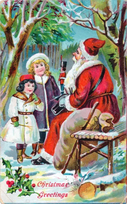 Framed Print : Santa Claus with children on a Christmas postcard Framed Print : Santa Claus with children on a Christmas postcard