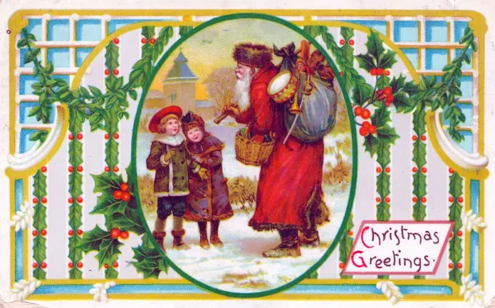 Framed Print : Santa Claus with children on a Christmas postcard Framed Print : Santa Claus with children on a Christmas postcard