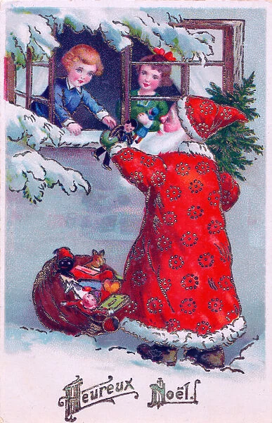Santa Claus with children on a French Christmas postcard