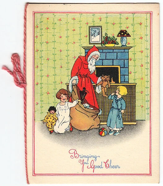 Santa Claus with children and presents on a Christmas card