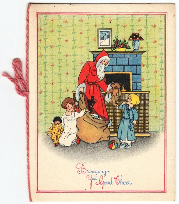 Framed Print : Santa Claus with children and presents on a Christmas card Framed Print : Santa Claus with children and presents on a Christmas card