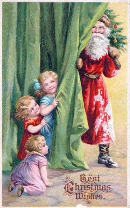 Framed Print : Santa Claus with children and tree on a Christmas postcard Framed Print : Santa Claus with children and tree on a Christmas postcard