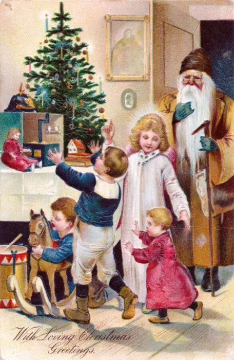 Framed Print : Santa Claus with children and tree on a Christmas postcard Framed Print : Santa Claus with children and tree on a Christmas postcard