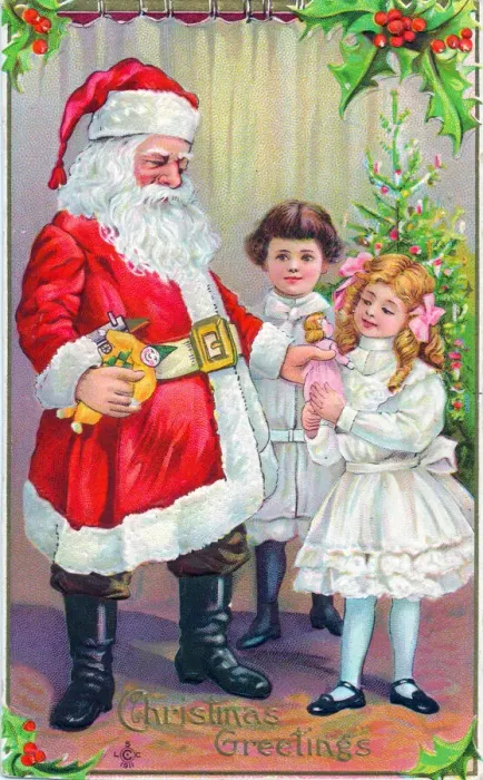 Framed Print : Santa Claus with children and tree on a Christmas postcard Framed Print : Santa Claus with children and tree on a Christmas postcard