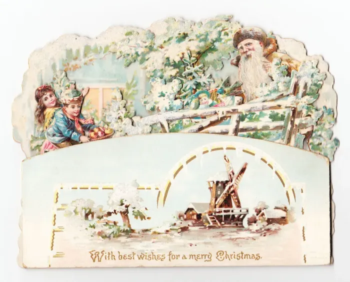 Framed Print : Santa Claus with children and windmill on a Christmas card Framed Print : Santa Claus with children and windmill on a Christmas card