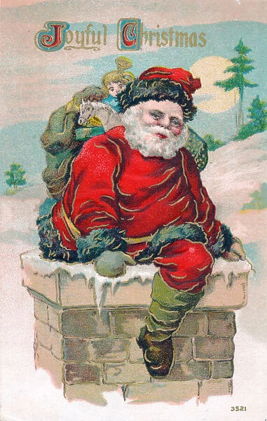 Santa Claus in a chimney on a Christmas postcard