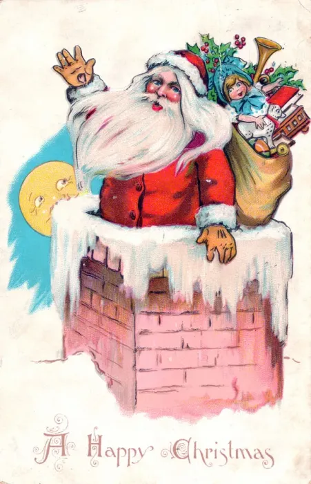 Framed Print : Santa Claus in a chimney on a Christmas postcard Framed Print : Santa Claus in a chimney on a Christmas postcard