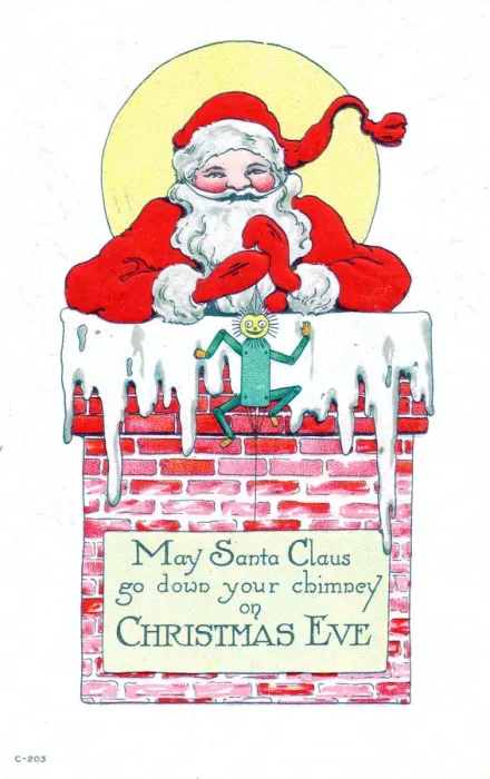 Framed Print : Santa Claus in a chimney on a Christmas postcard Framed Print : Santa Claus in a chimney on a Christmas postcard