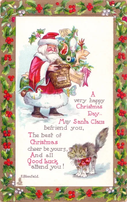 Framed Print : Santa Claus on a Christmas postcard for a cat Framed Print : Santa Claus on a Christmas postcard for a cat