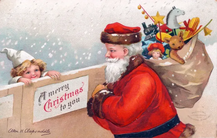 Framed Print : Santa Claus delivering presents on a Christmas postcard Framed Print : Santa Claus delivering presents on a Christmas postcard