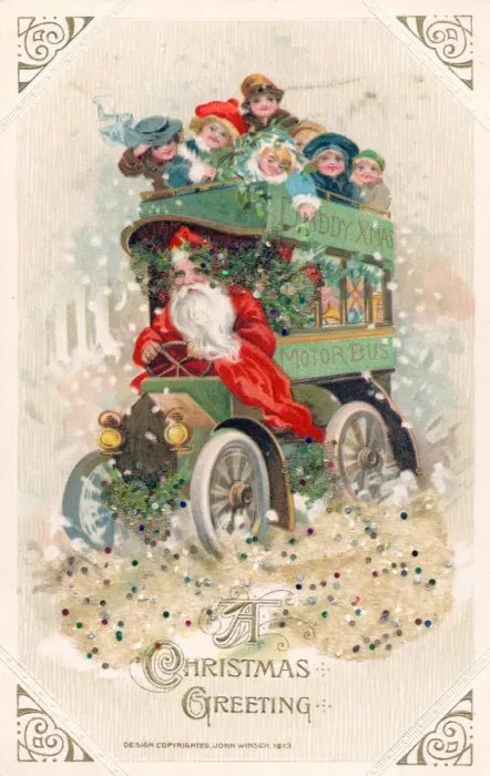 Framed Print : Santa Claus driving a bus on a Christmas postcard Framed Print : Santa Claus driving a bus on a Christmas postcard