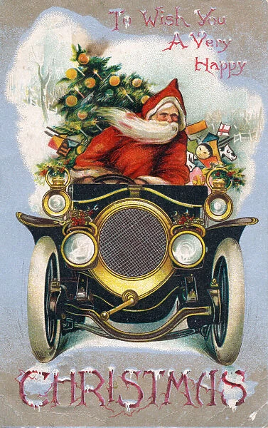 Santa Claus driving a car on a Christmas postcard