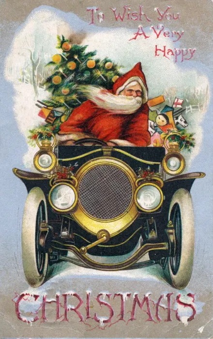 Framed Print : Santa Claus driving a car on a Christmas postcard Framed Print : Santa Claus driving a car on a Christmas postcard