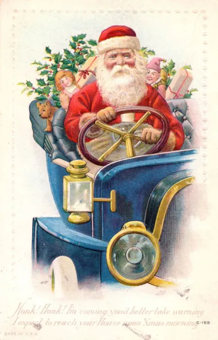 Framed Print : Santa Claus driving a car on a Christmas postcard Framed Print : Santa Claus driving a car on a Christmas postcard