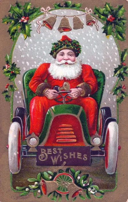 Framed Print : Santa Claus driving a car on a Christmas postcard Framed Print : Santa Claus driving a car on a Christmas postcard