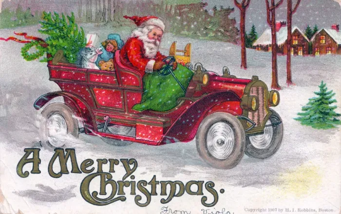 Framed Print : Santa Claus driving a car on a Christmas postcard Framed Print : Santa Claus driving a car on a Christmas postcard