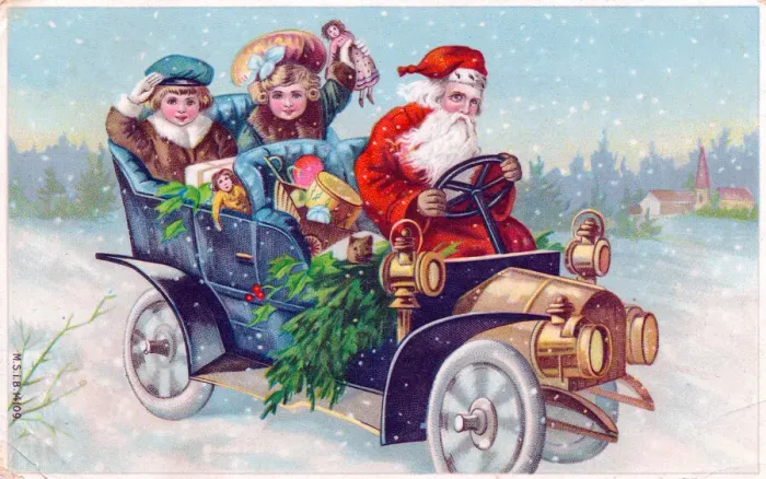 Framed Print : Santa Claus driving a car on a Christmas postcard Framed Print : Santa Claus driving a car on a Christmas postcard