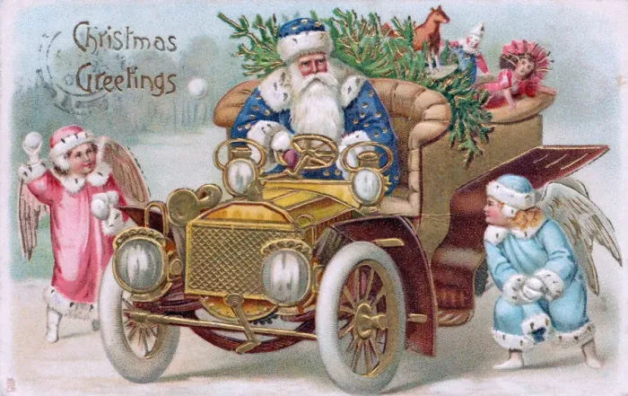 Framed Print : Santa Claus driving a car on a Christmas postcard Framed Print : Santa Claus driving a car on a Christmas postcard