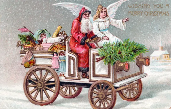 Framed Print : Santa Claus driving a car on a Christmas postcard Framed Print : Santa Claus driving a car on a Christmas postcard