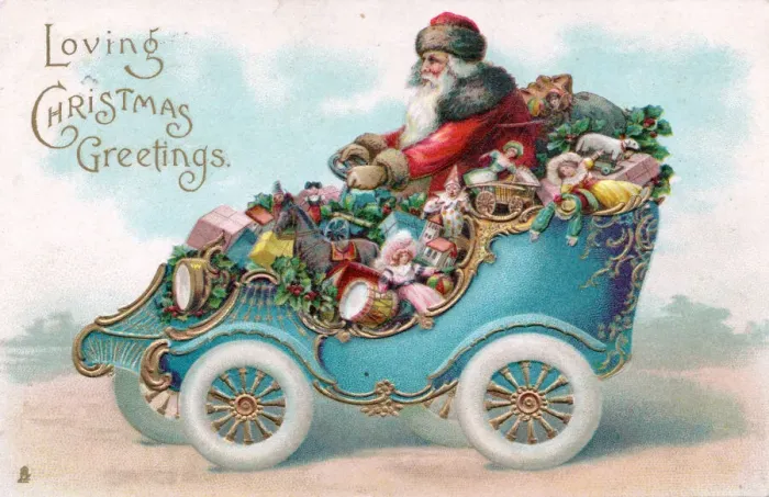 Framed Print : Santa Claus driving a car on a Christmas postcard Framed Print : Santa Claus driving a car on a Christmas postcard