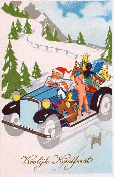 Santa Claus driving a car on a Dutch Christmas postcard